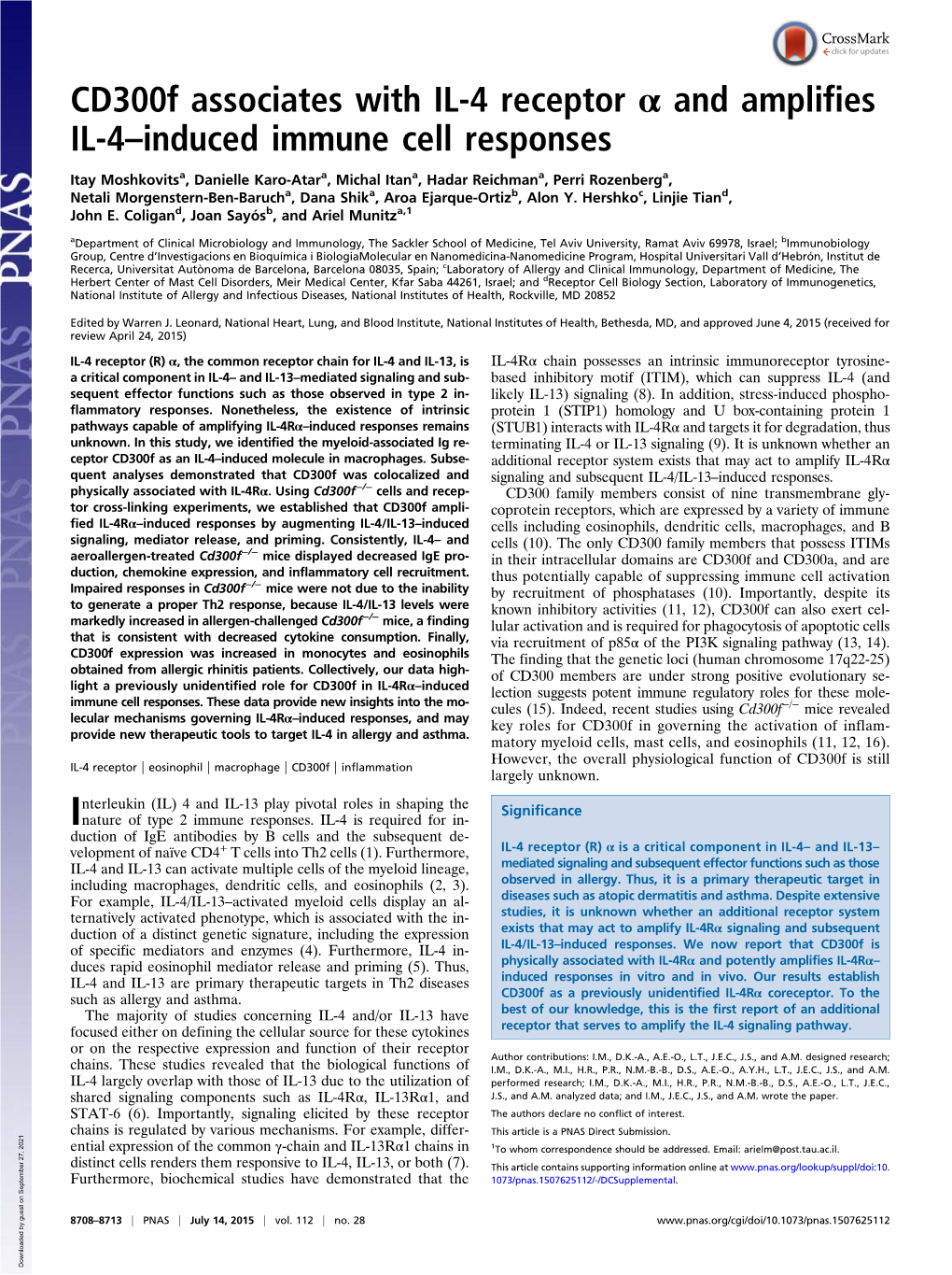 Cd300f Associates with IL-4 Receptor Α and Amplifies IL-4–Induced Immune Cell Responses