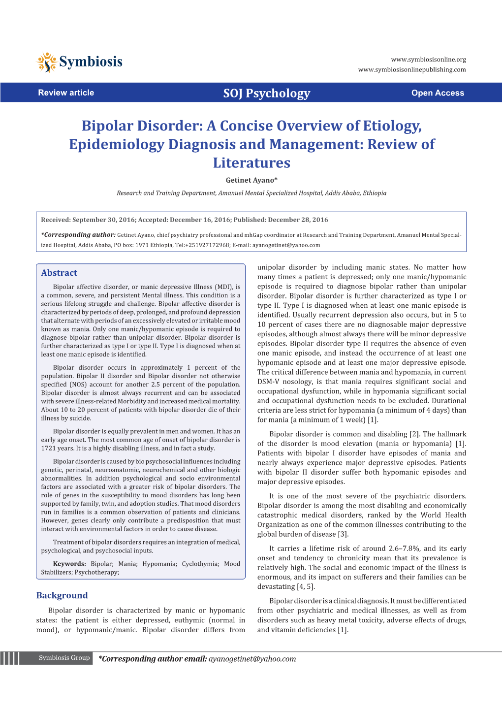 Bipolar Disorder: a Concise Overview of Etiology, Epidemiology