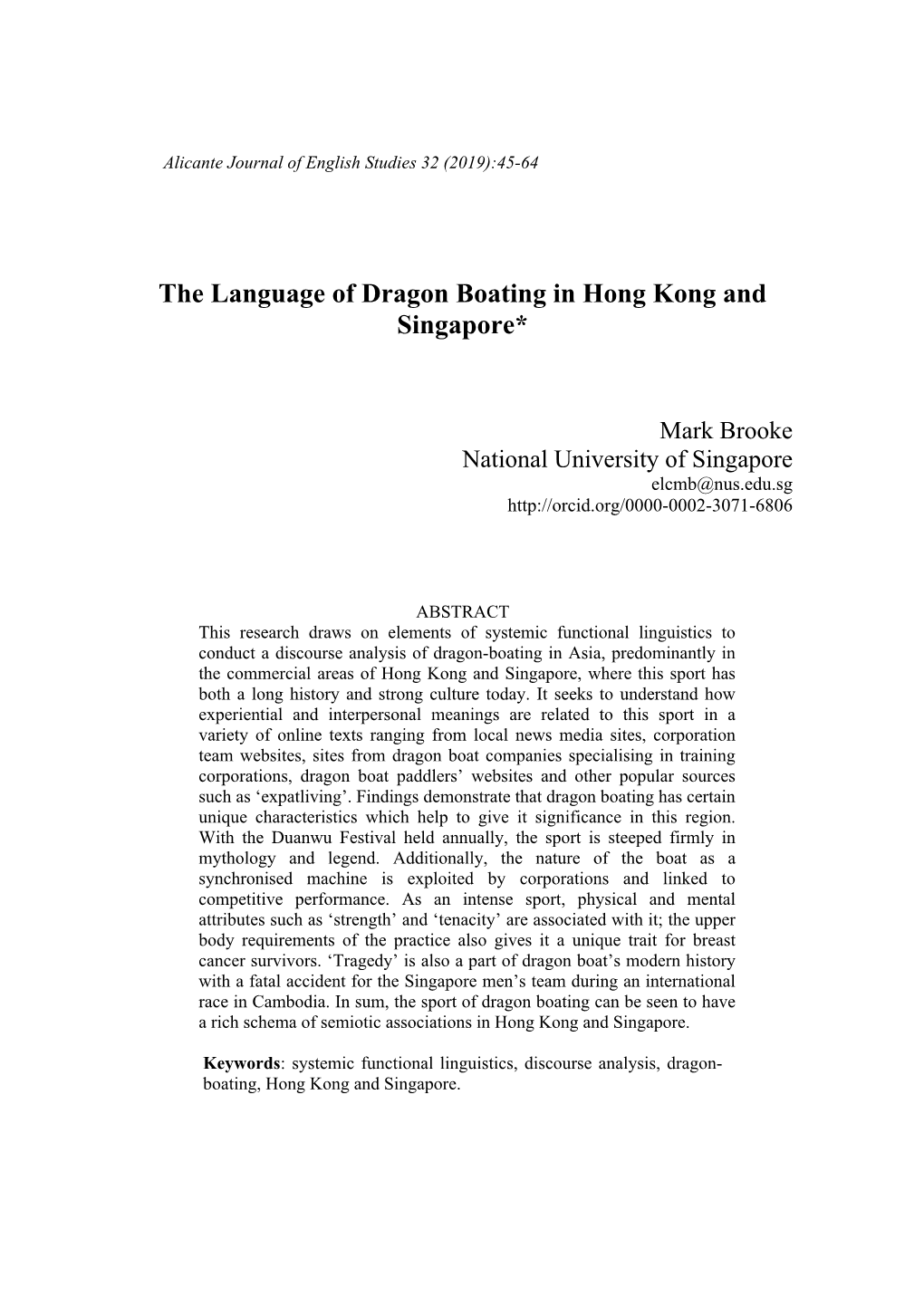 The Language of Dragon Boating in Hong Kong and Singapore*