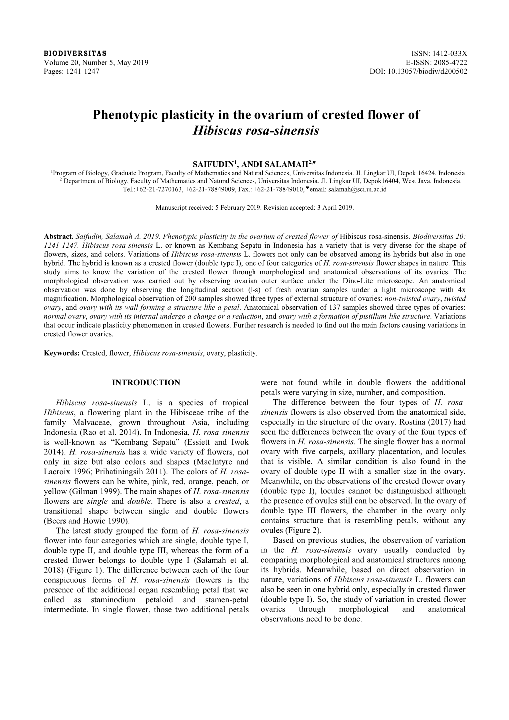 Phenotypic Plasticity in the Ovarium of Crested Flower of Hibiscus Rosa-Sinensis