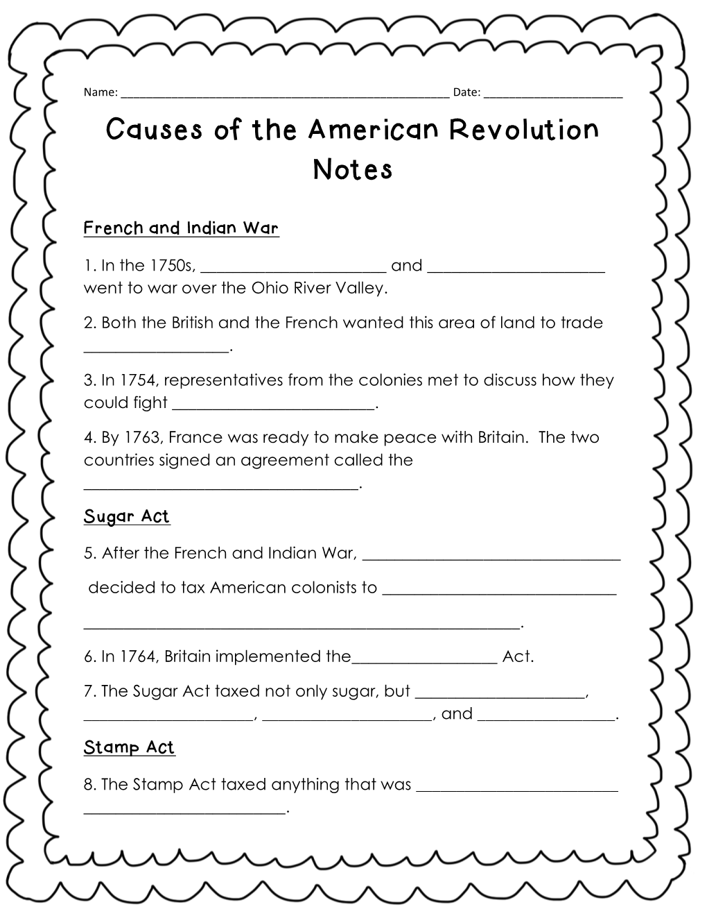 Causes of the American Revolution Notes