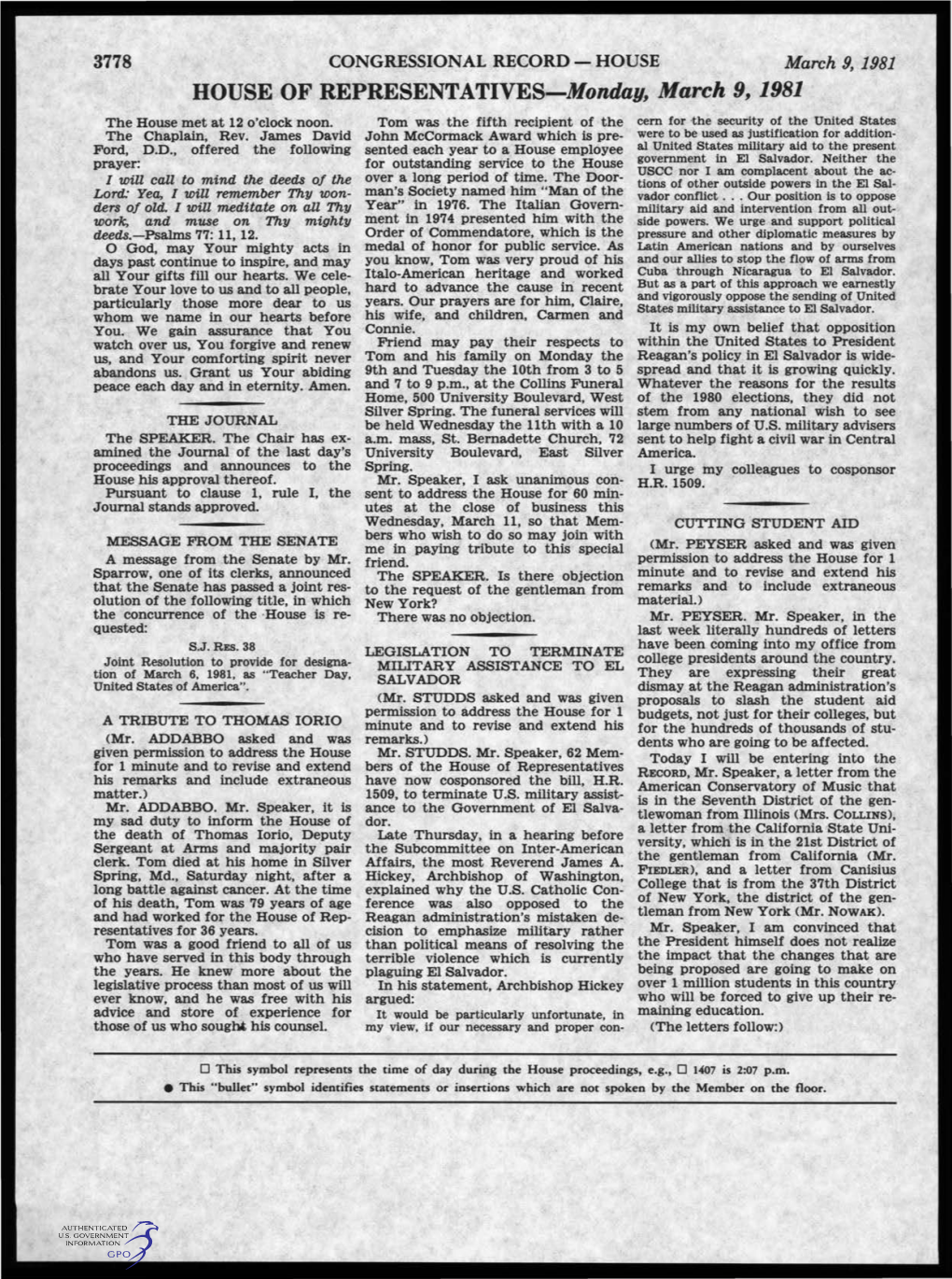 HOUSE of REPRESENTATIVES-Monday, March 9,1981 the House Met at 12 O'clock Noon