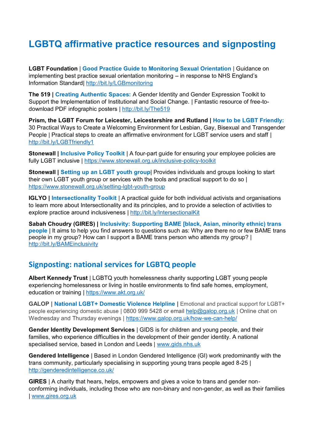 LGBTQ Inclusion Resources and Signposting