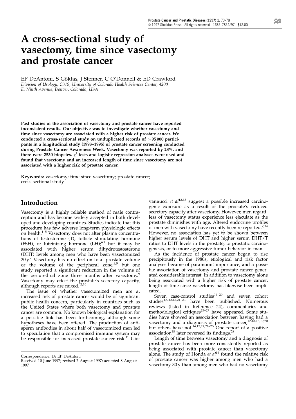 A Cross-Sectional Study of Vasectomy, Time Since Vasectomy and Prostate Cancer