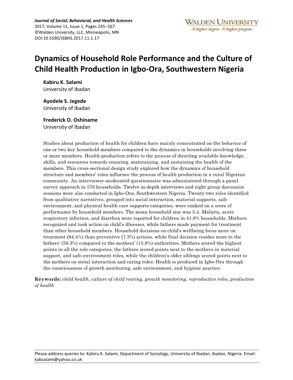 Dynamics of Household Role Performance and the Culture of Child Health Production in Igbo-Ora, Southwestern Nigeria