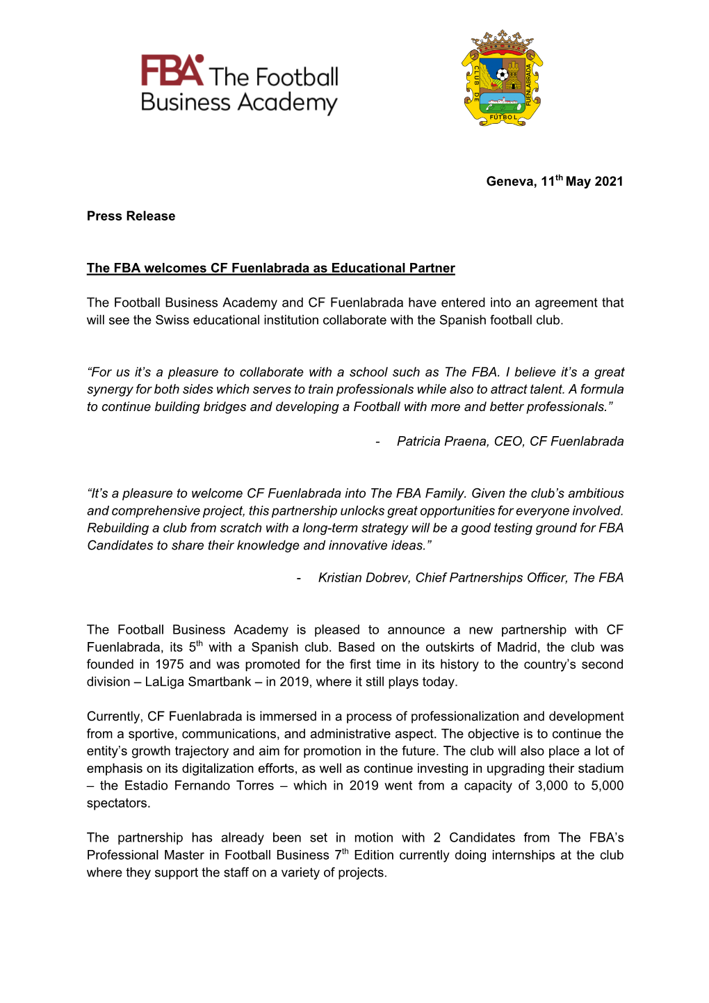 Geneva, 11Th May 2021 Press Release the FBA Welcomes CF