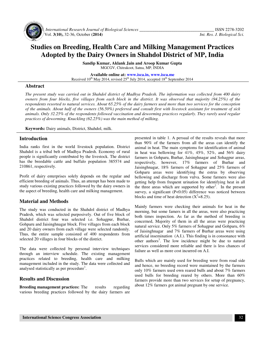 Studies on Breeding, Health Care and Milking Management Practices