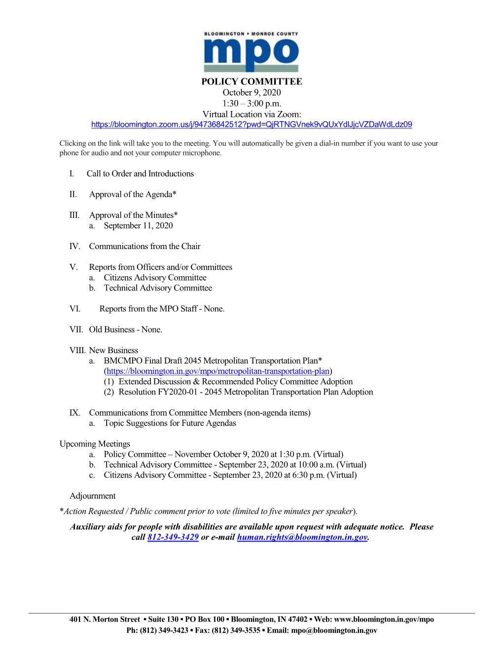 POLICY COMMITTEE October 9, 2020 1:30 – 3:00 P.M