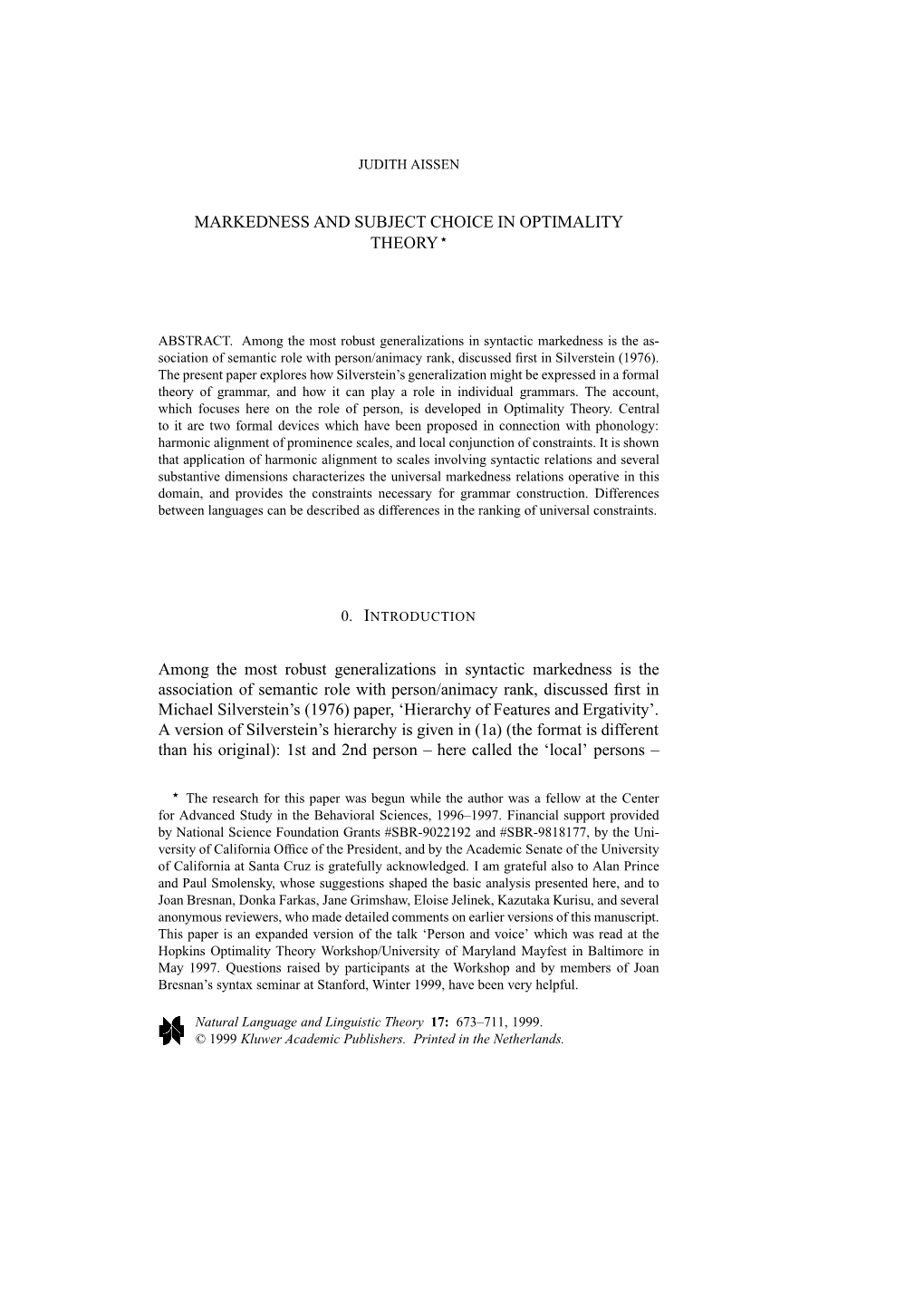 Markedness and Subject Choics in Optimality Theory