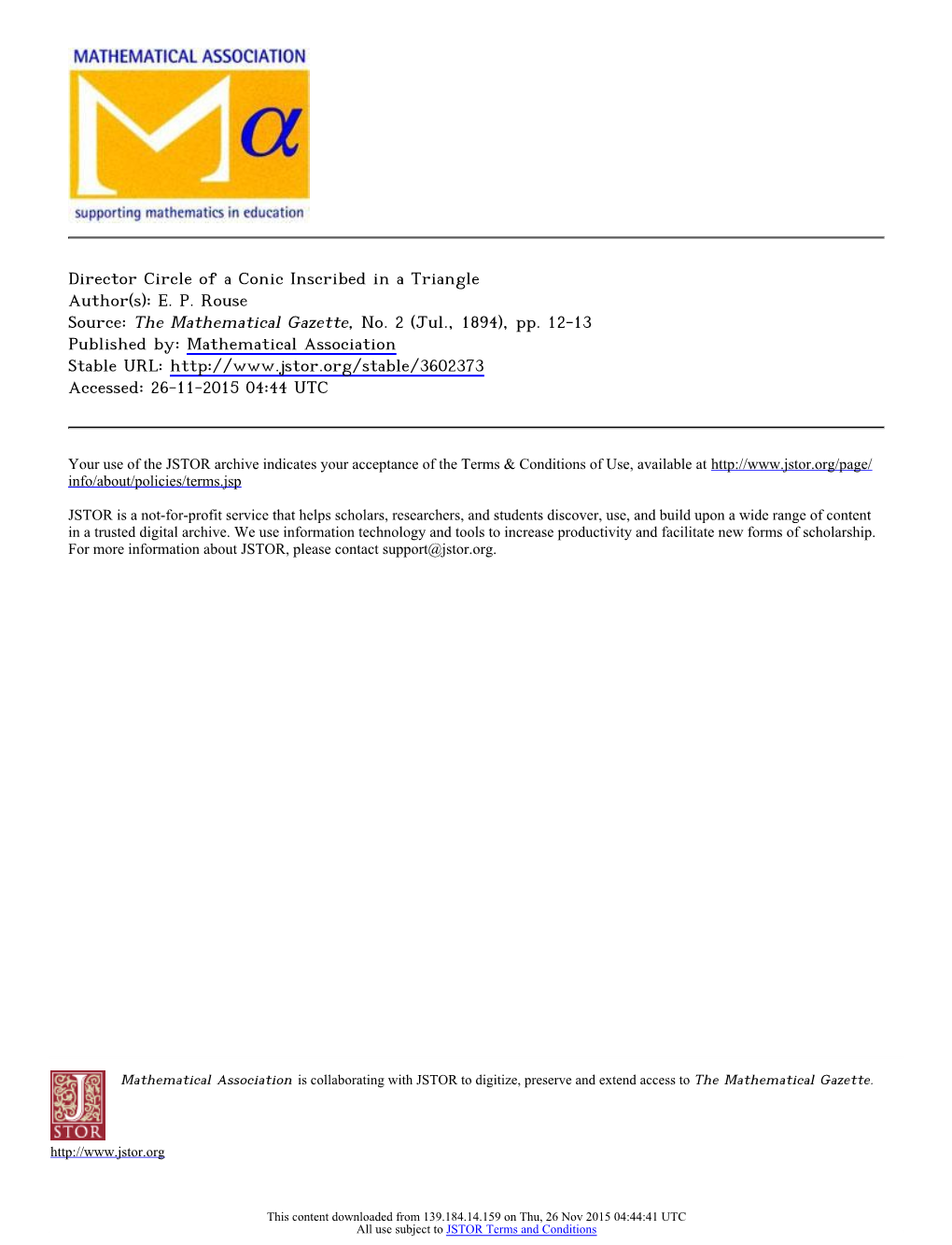 Director Circle of a Conic Inscribed in a Triangle Author(S): E. P. Rouse Source: the Mathematical Gazette, No