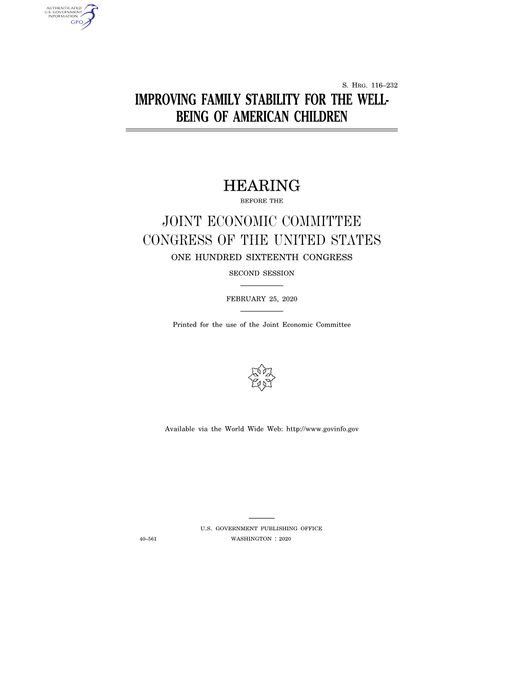 Improving Family Stability for the Well- Being of American Children Hearing