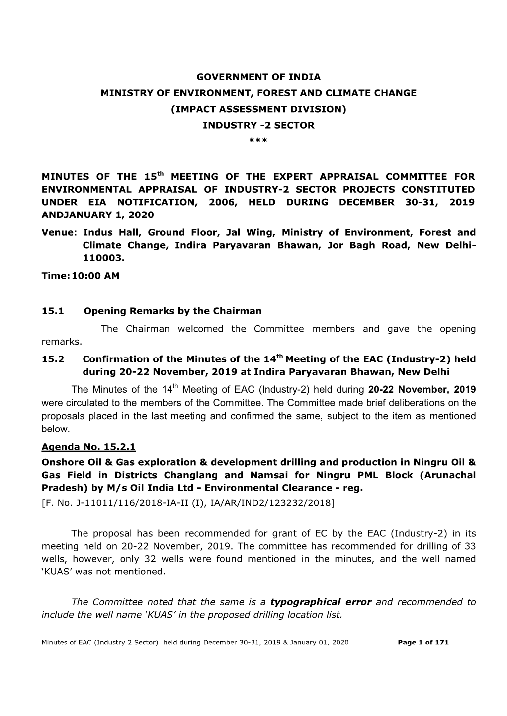 The Minutes of the 14Th Meeting of EAC (Industry-2) Held During 20-22 November, 2019 Were Circulated to the Members of the Committee
