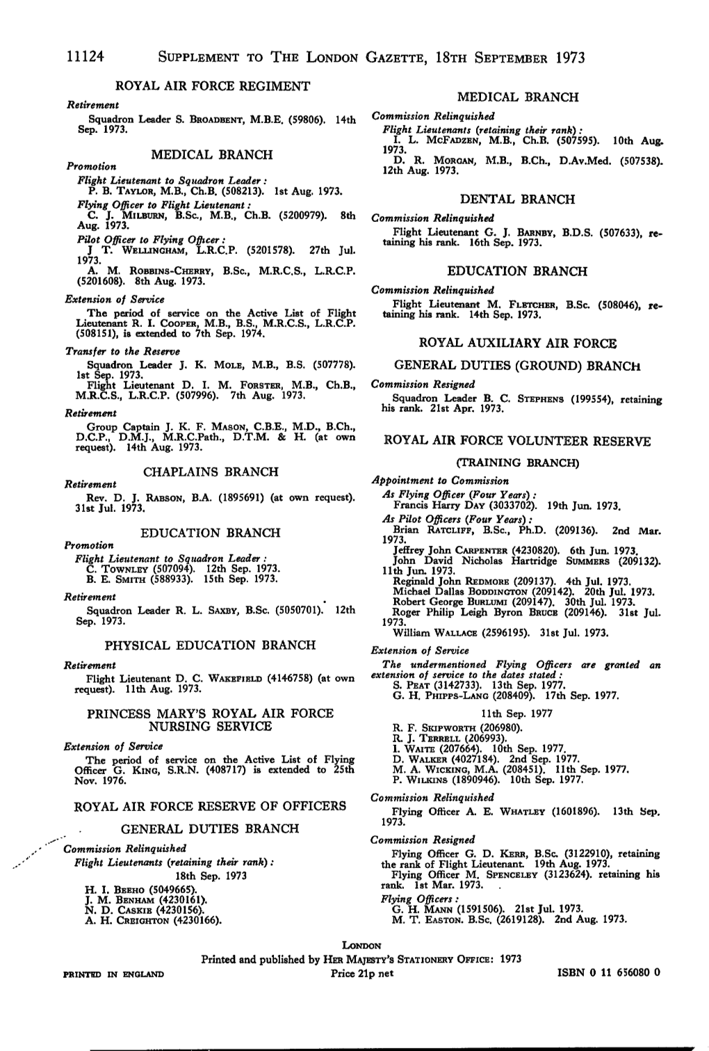 11124 SUPPLEMENT to the LONDON GAZETTE, 18™ SEPTEMBER 1973 ROYAL AIR FORCE REGIMENT MEDICAL BRANCH Retirement Squadron Leader S