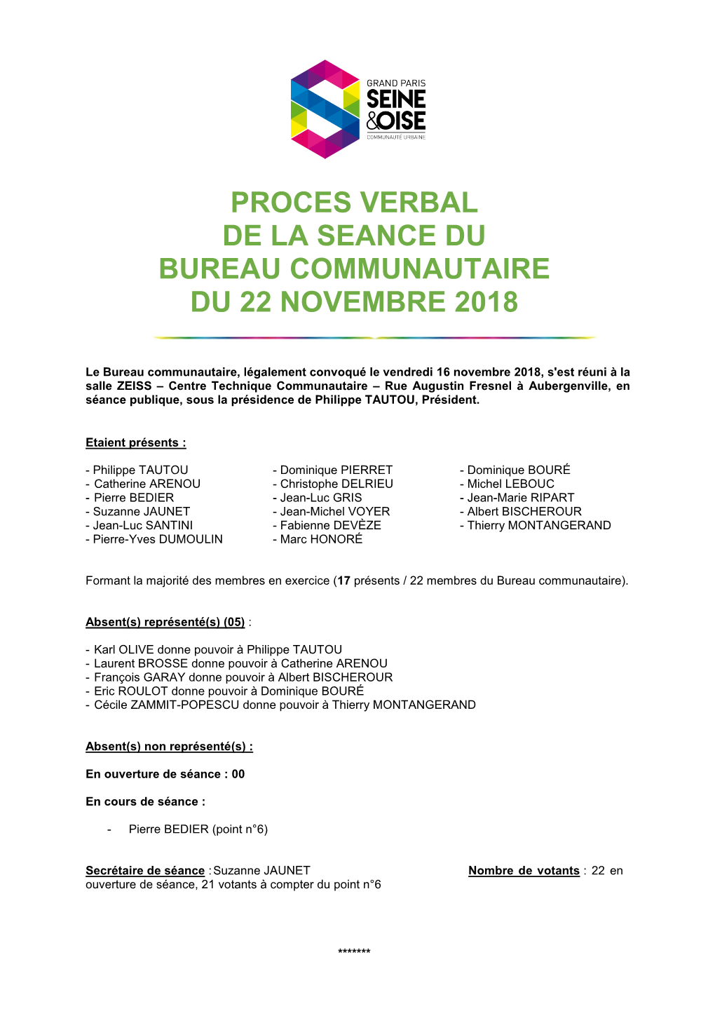 Proces Verbal De La Seance Du Bureau Communautaire Du 22 Novembre 2018