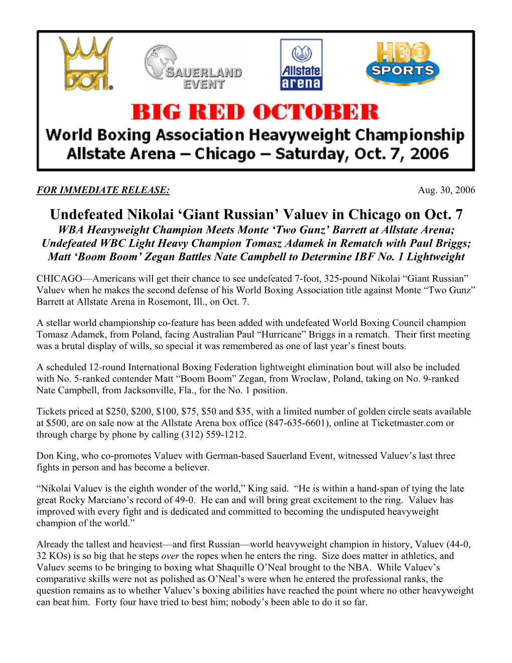 Undefeated Nikolai 'Giant Russian' Valuev in Chicago on Oct. 7