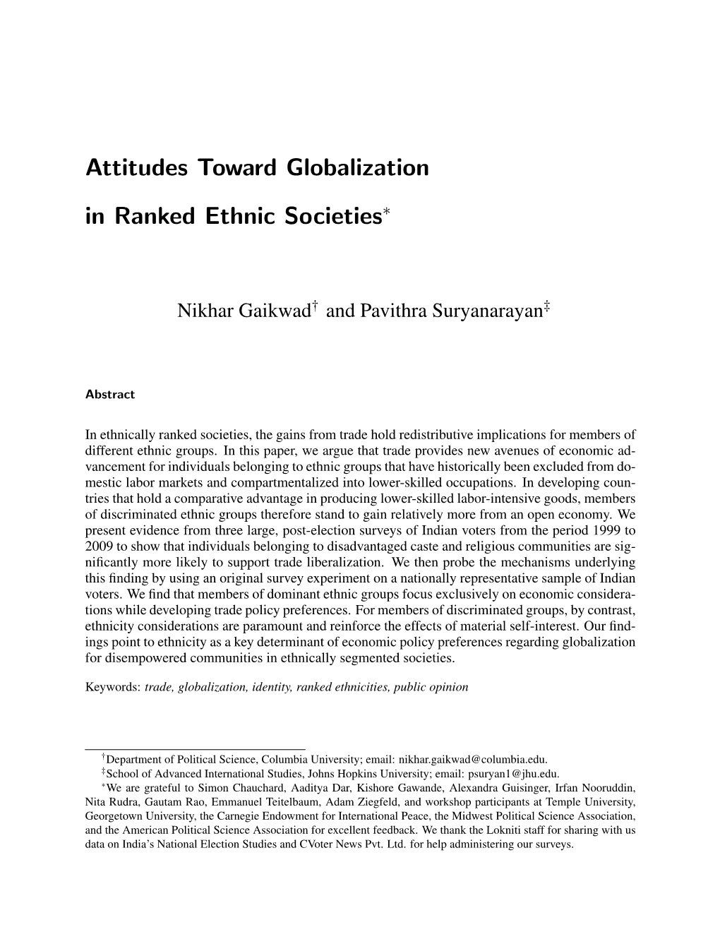 Attitudes Toward Globalization in Ranked Ethnic Societies∗