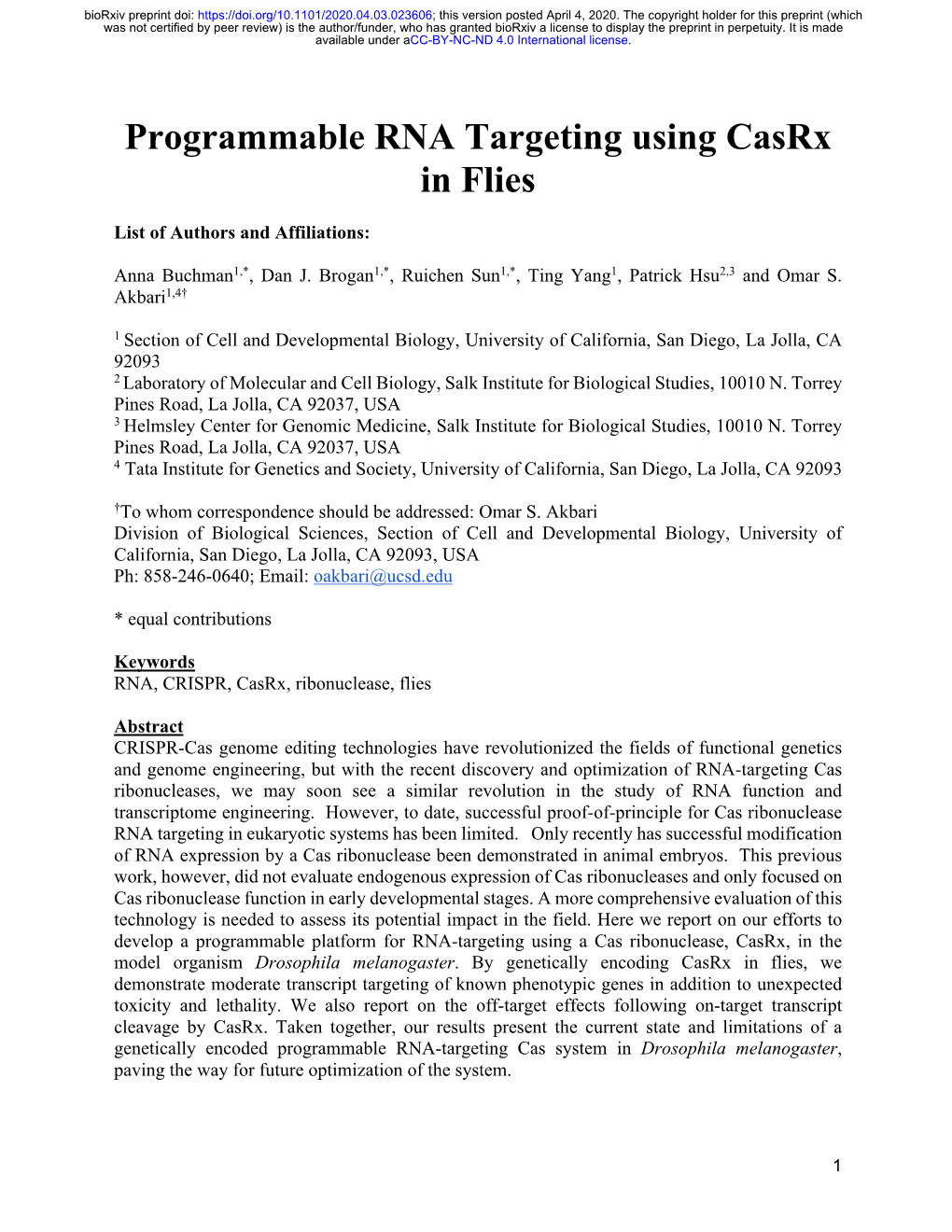 Programmable RNA Targeting Using Casrx in Flies