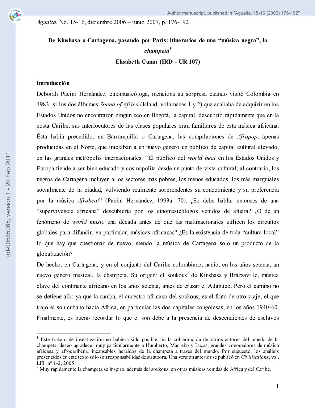 [Ird-00565065, V1] De Kinshasa a Cartagena, Pasando Por París: Itinerarios De Una ?Música Negra?, La Champeta