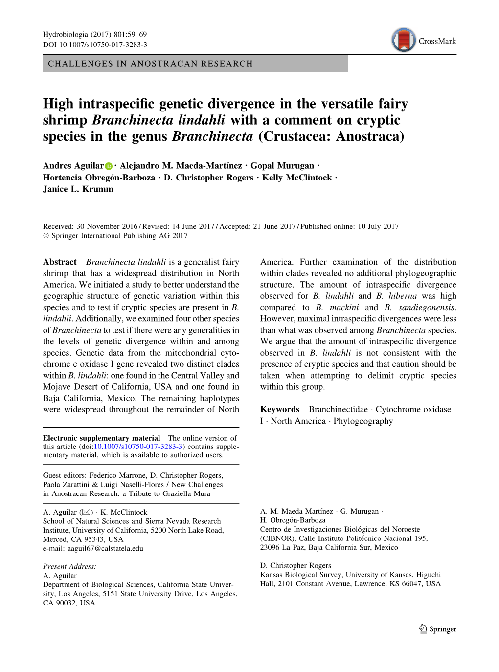 High Intraspecific Genetic Divergence in the Versatile Fairy Shrimp