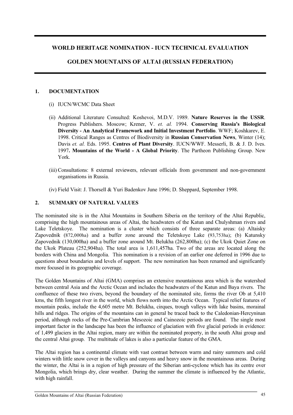 Iucn Technical Evaluation Golden Mountains of Altai (Russian Federation)