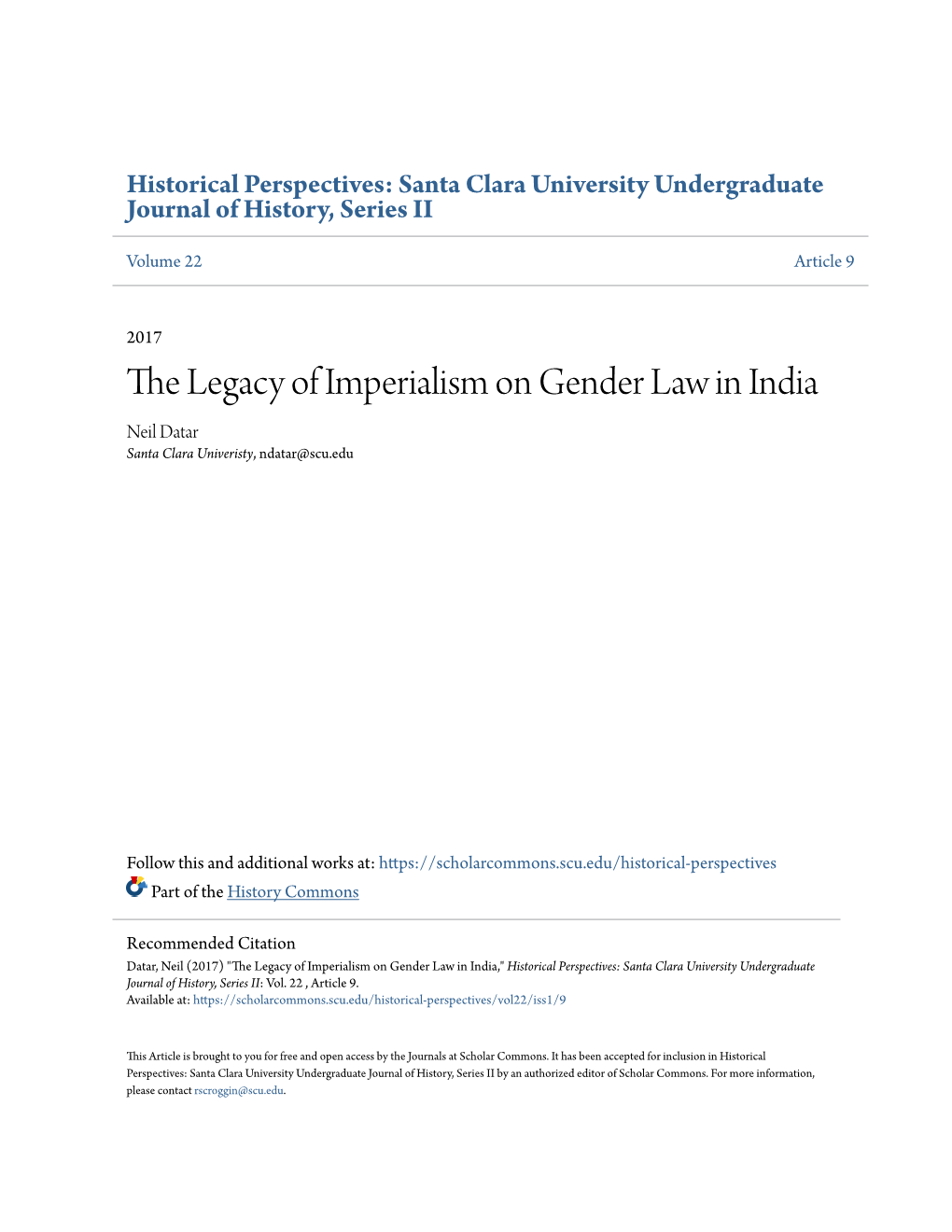 The Legacy of Imperialism on Gender Law in India Neil Datar Santa Clara Univeristy, Ndatar@Scu.Edu