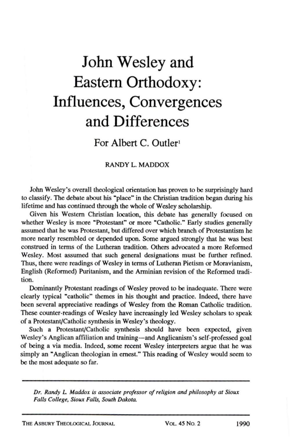 John Wesley and Eastern Orthodoxy: Influences, Convergences and Differences