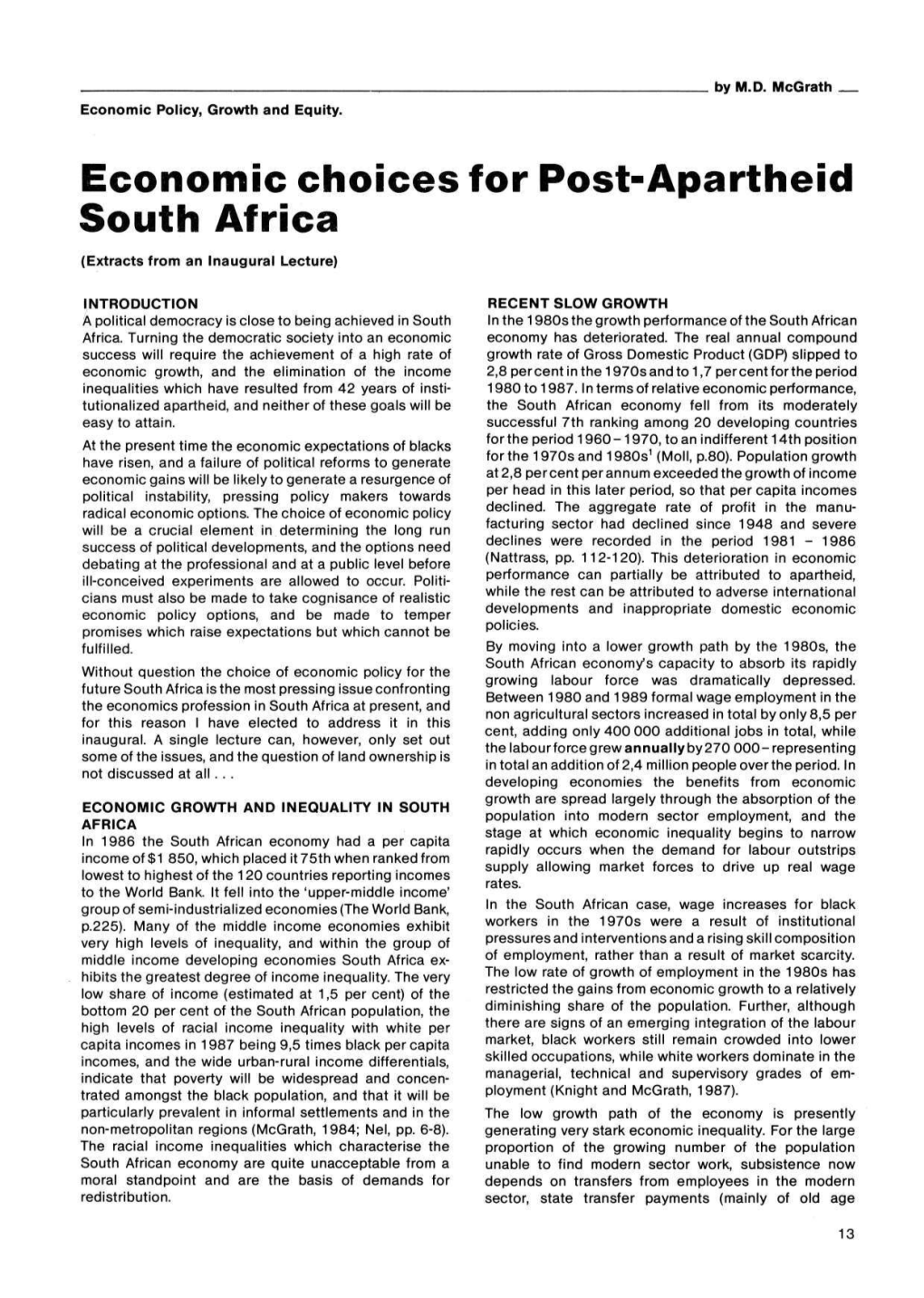 Economic Choices for Post-Apartheid South Africa