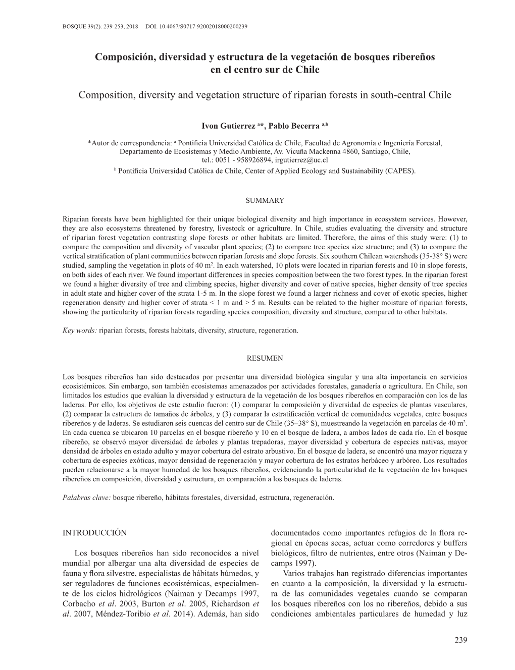 Composición, Diversidad Y Estructura De La Vegetación De Bosques Ribereños En El Centro Sur De Chile