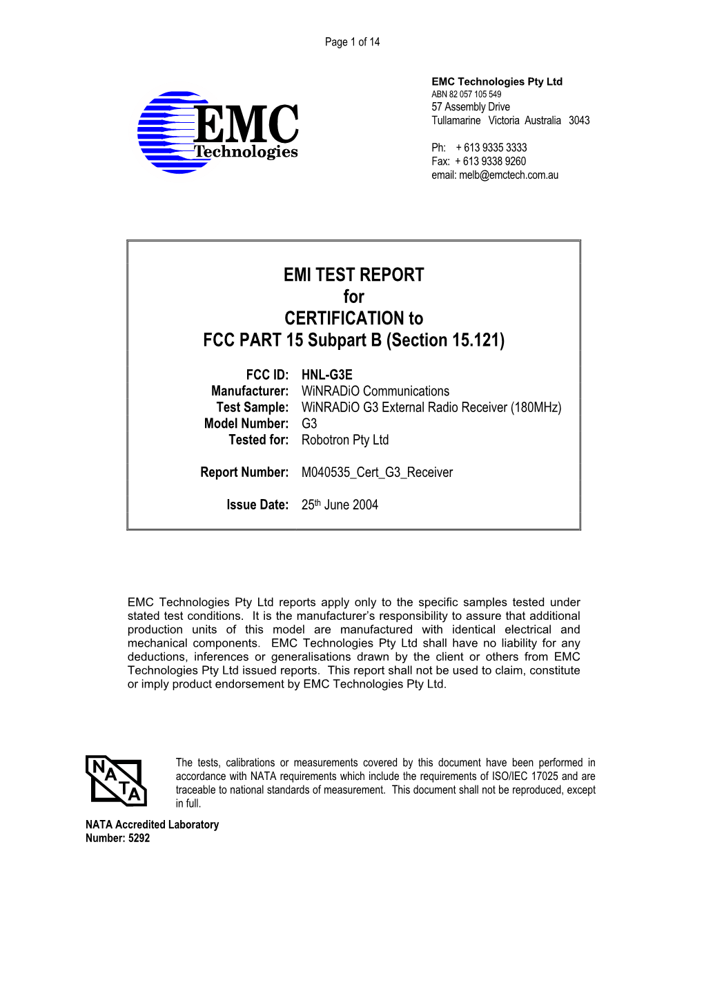 EMI TEST REPORT for CERTIFICATION to FCC PART 15 Subpart B (Section 15.121)
