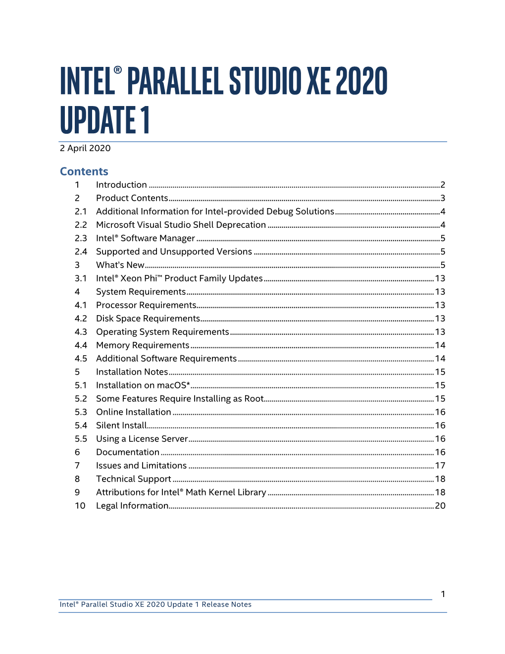 Intel® Parallel Studio XE 2020 Update 1 Release Notes