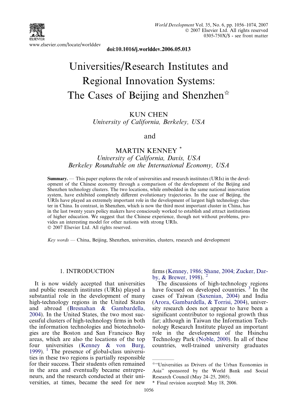 Universities/Research Institutes and Regional Innovation Systems: the Cases of Beijing and Shenzheni