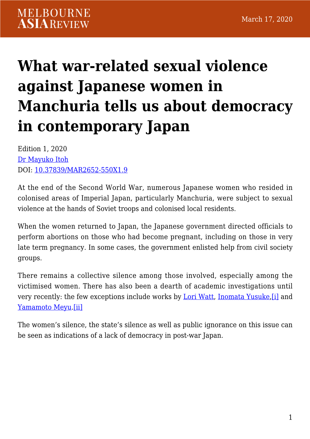 What War-Related Sexual Violence Against Japanese Women in Manchuria Tells Us About Democracy in Contemporary Japan