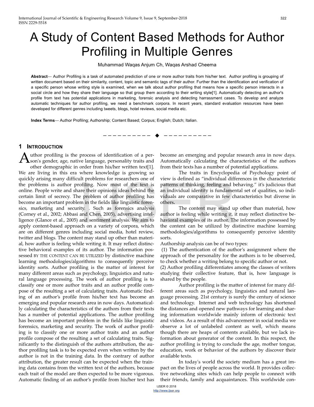 A Study of Content Based Methods for Author Profiling in Multiple Genres Muhammad Waqas Anjum Ch, Waqas Arshad Cheema