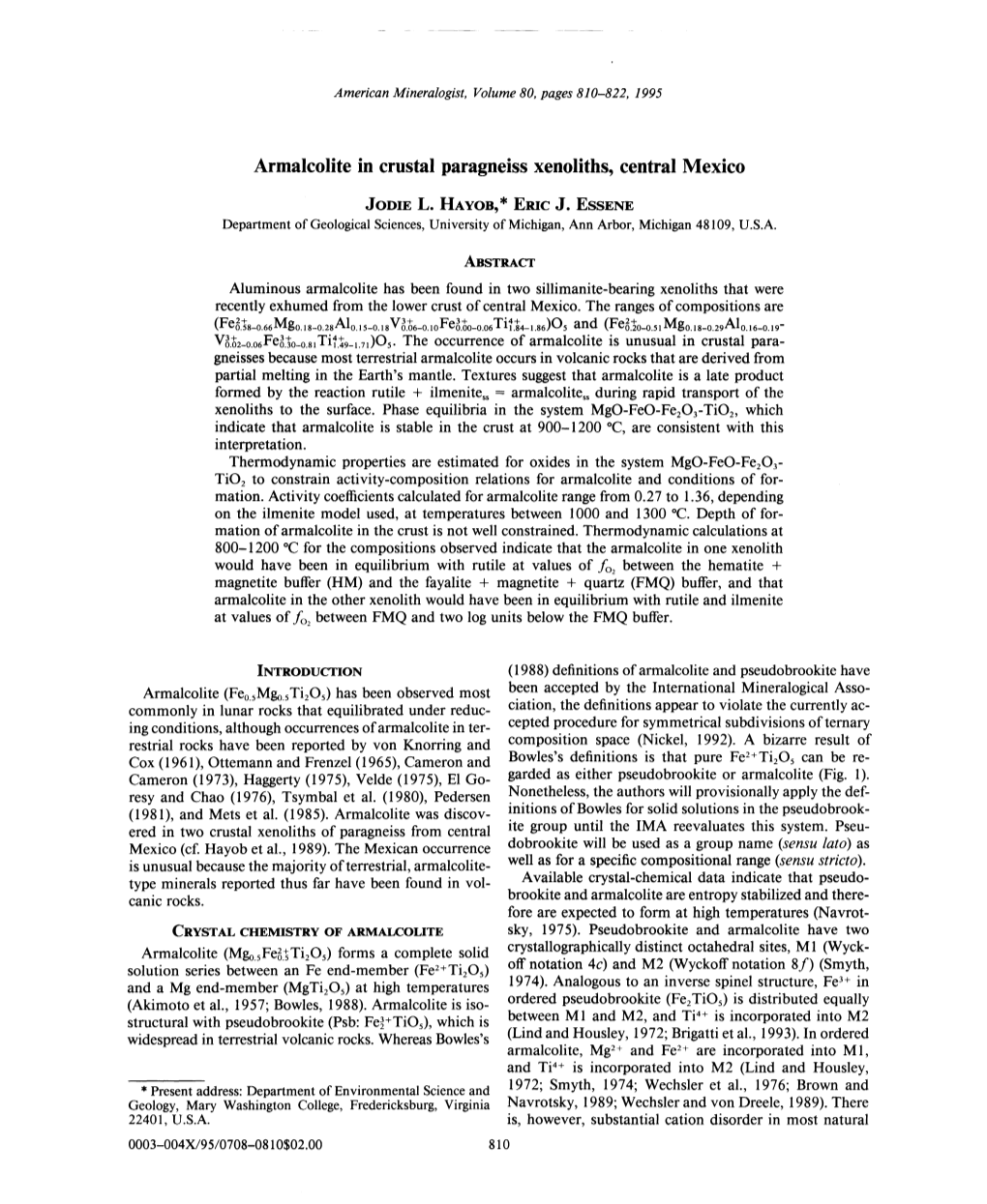 Armalcolite in Crustal Paragneiss Xenoliths, Central Mexico