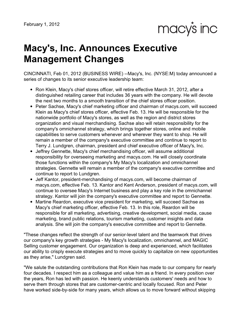 Macy's, Inc. Announces Executive Management Changes
