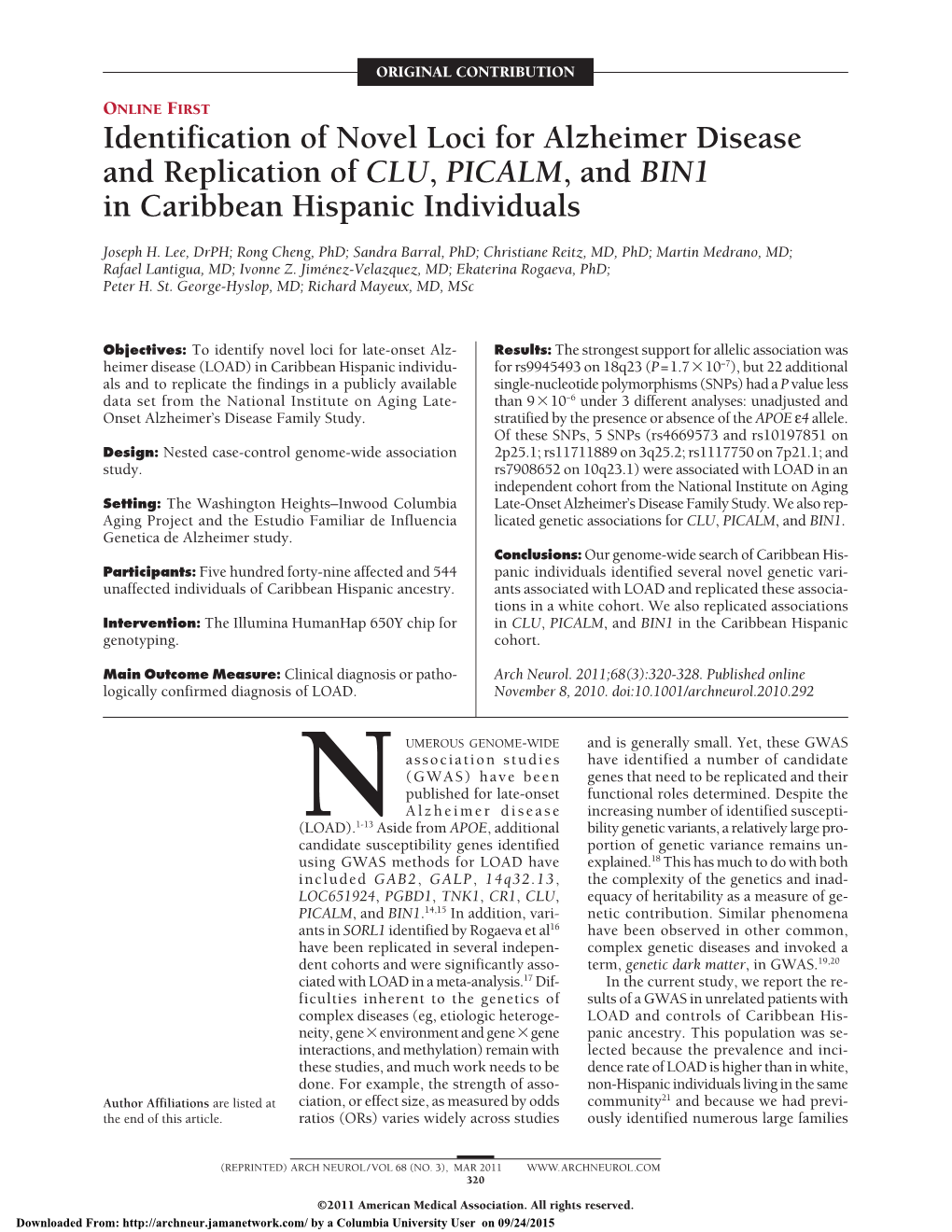 Identification of Novel Loci for Alzheimer Disease and Replication of CLU, PICALM, and BIN1 in Caribbean Hispanic Individuals