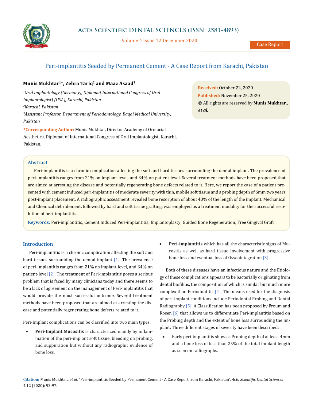 Peri-Implantitis Seeded by Permanent Cement - a Case Report from Karachi, Pakistan