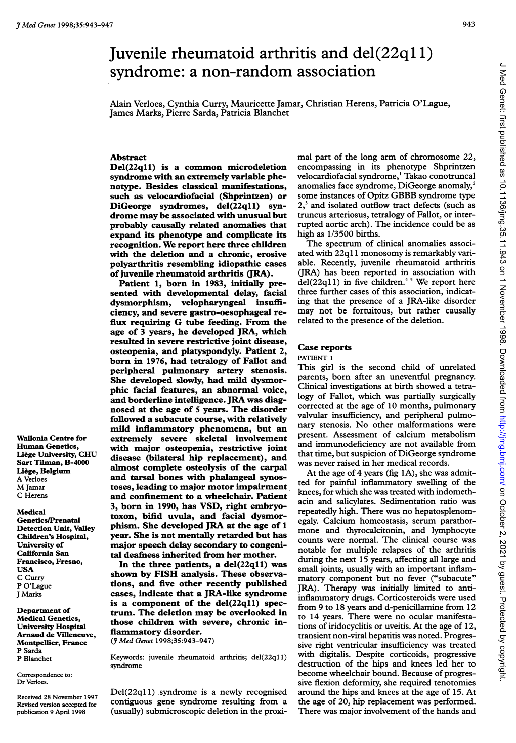 Juvenile Rheumatoid Arthritis and Del(22Ql 1) Syndrome: a Non