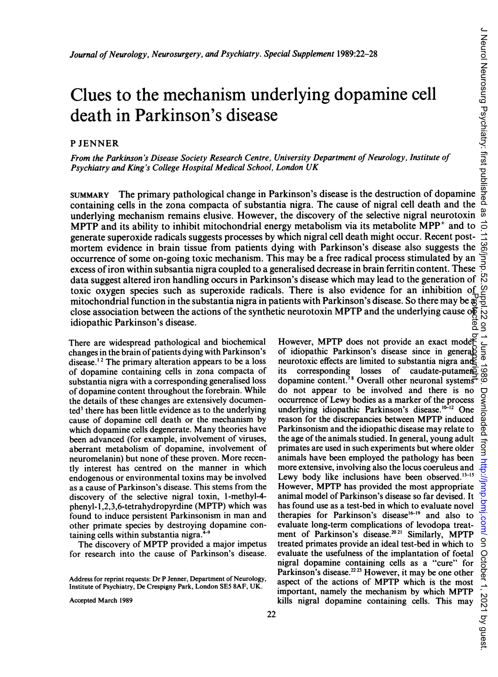 Clues to the Mechanism Underlying Dopamine Cell Death in Parkinson's Disease