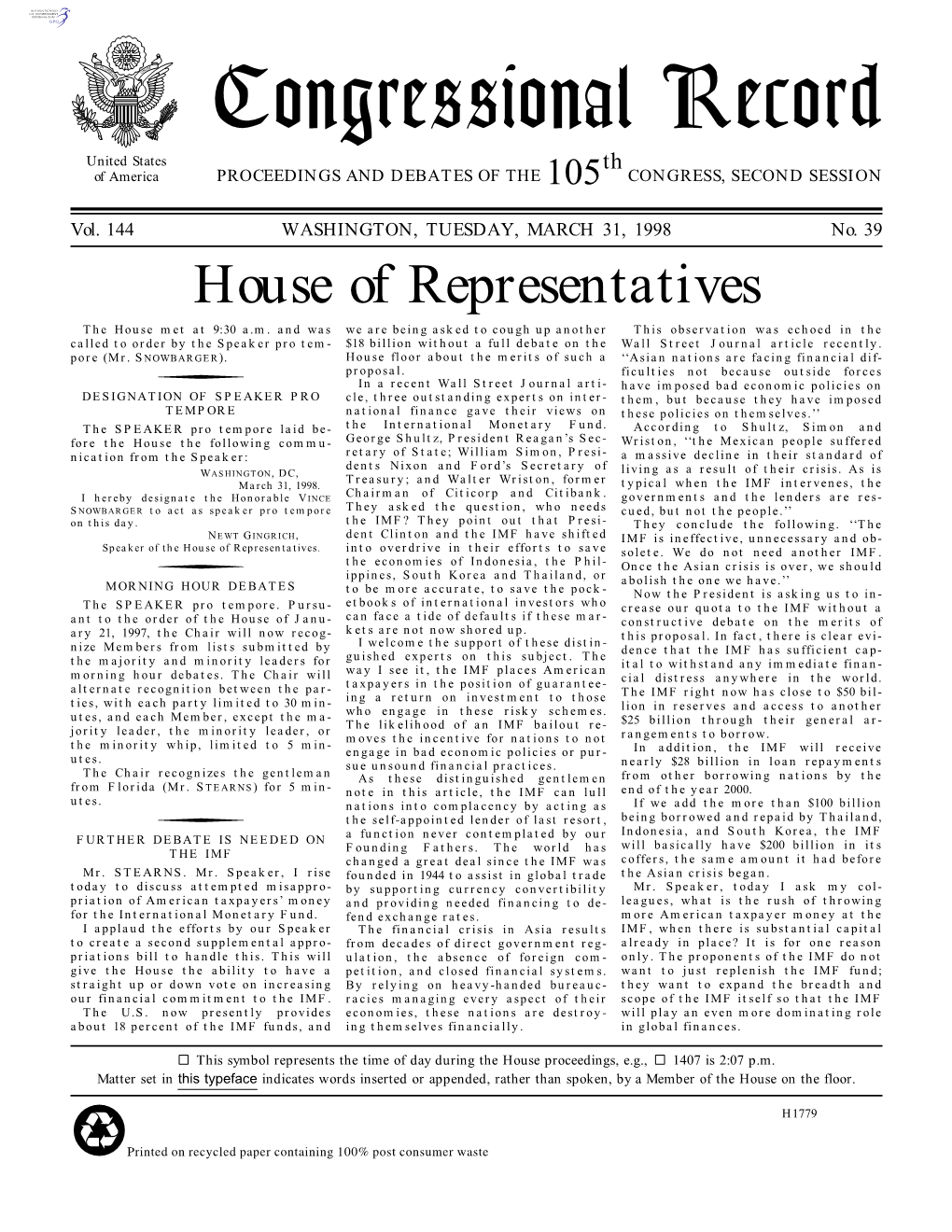 Congressional Record United States Th of America PROCEEDINGS and DEBATES of the 105 CONGRESS, SECOND SESSION