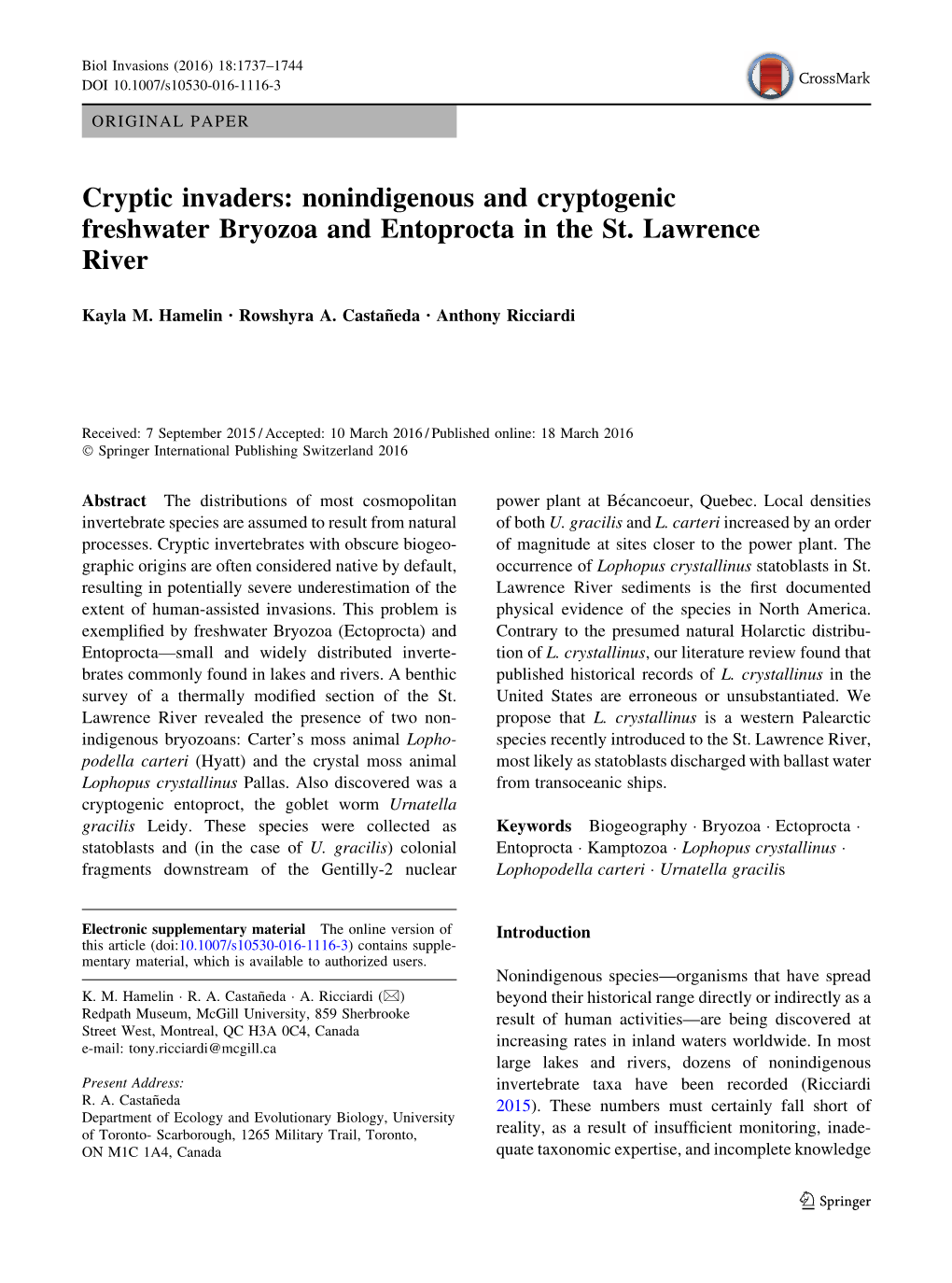 Nonindigenous and Cryptogenic Freshwater Bryozoa and Entoprocta in the St. Lawrence River