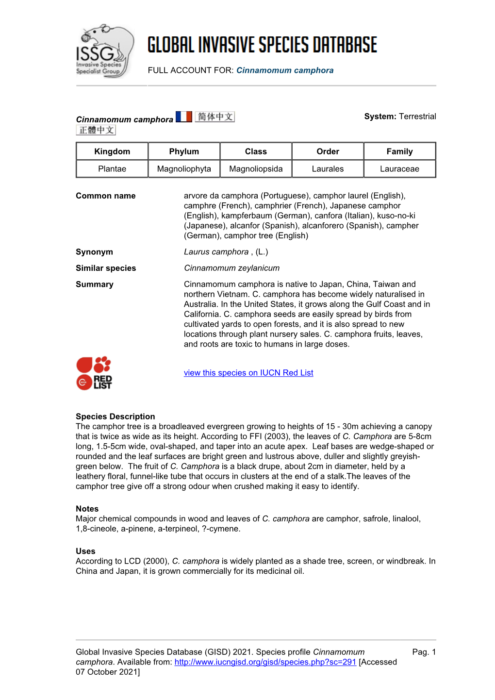 (GISD) 2021. Species Profile Cinnamomum Camphora. Availab