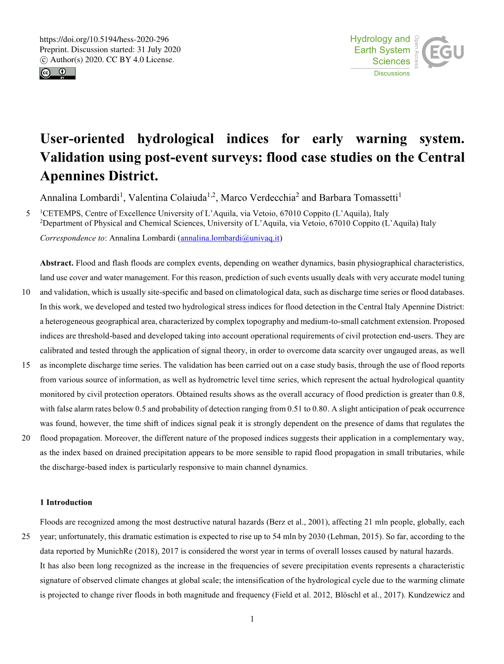 User-Oriented Hydrological Indices for Early Warning System. Validation Using Post-Event Surveys: Flood Case Studies on the Central Apennines District