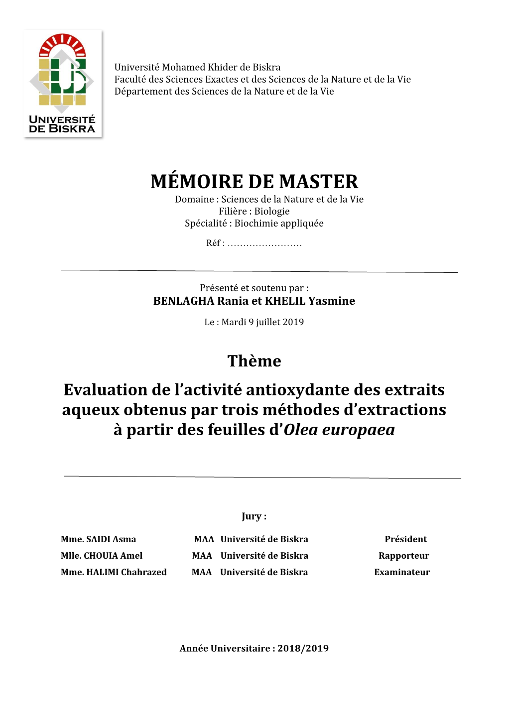 MÉMOIRE DE MASTER Domaine : Sciences De La Nature Et De La Vie Filière : Biologie Spécialité : Biochimie Appliquée