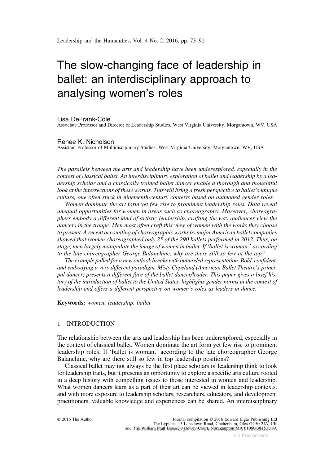 The Slow-Changing Face of Leadership in Ballet: an Interdisciplinary Approach to Analysing Women's Roles