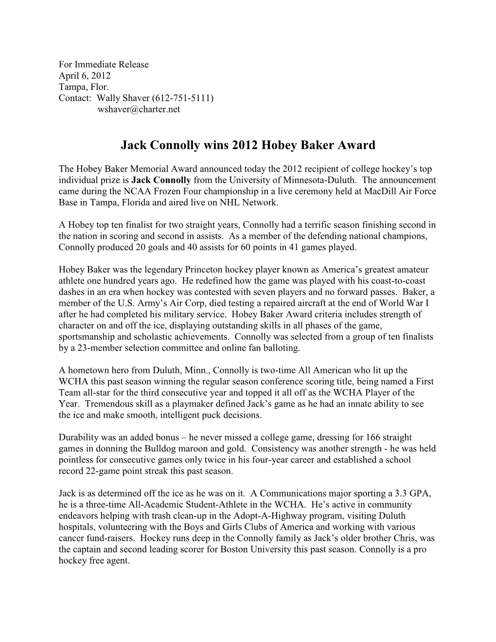 Minnesota Duluth's Jack Connolly Wins 2012 Hobey Baker Award