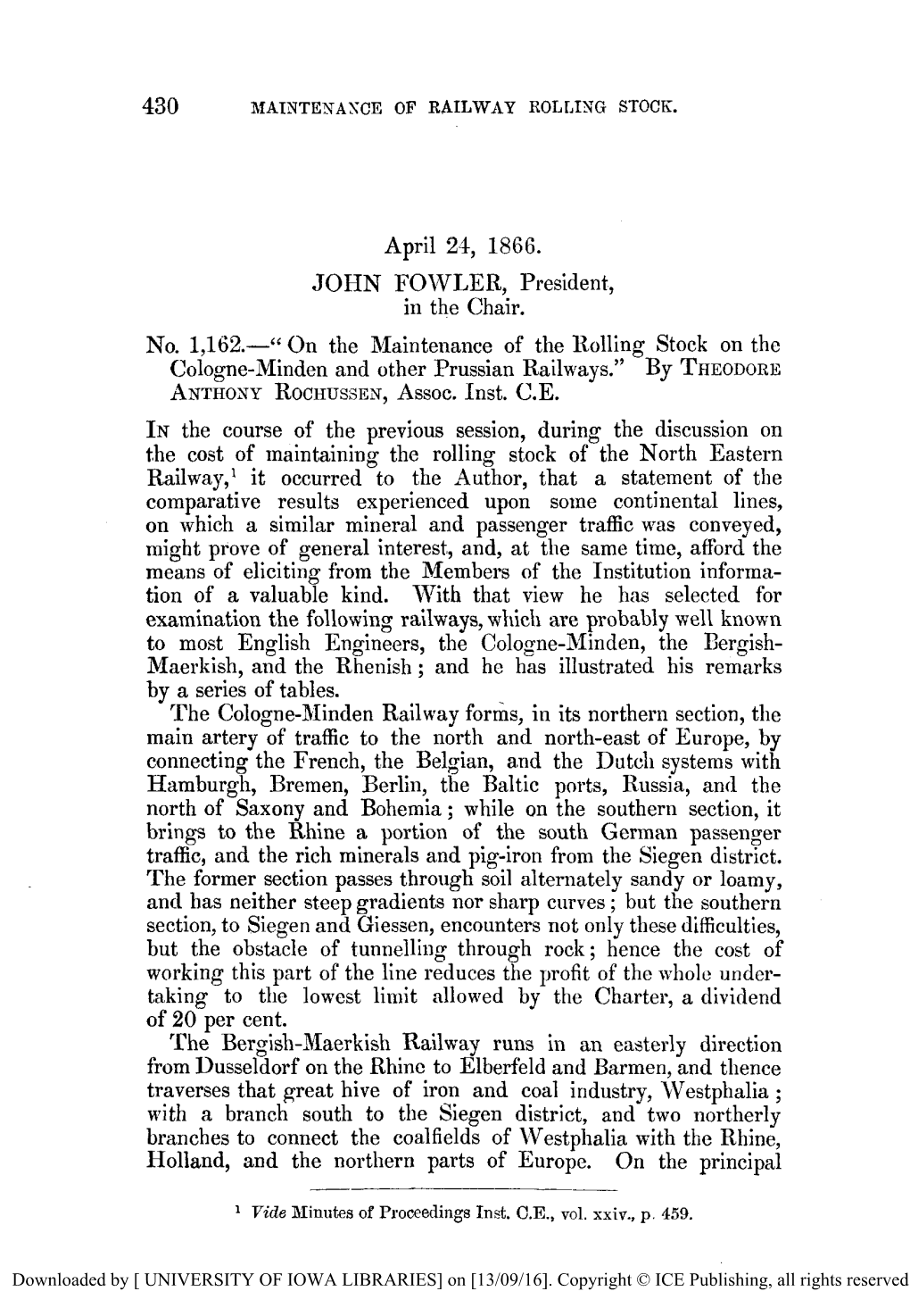 On the Maintenance of the Rolling Stock on the Cologne-Minden and Other Prussian Railways.” by THEODORE ANTHOXYROCHUSSEN, Assoc