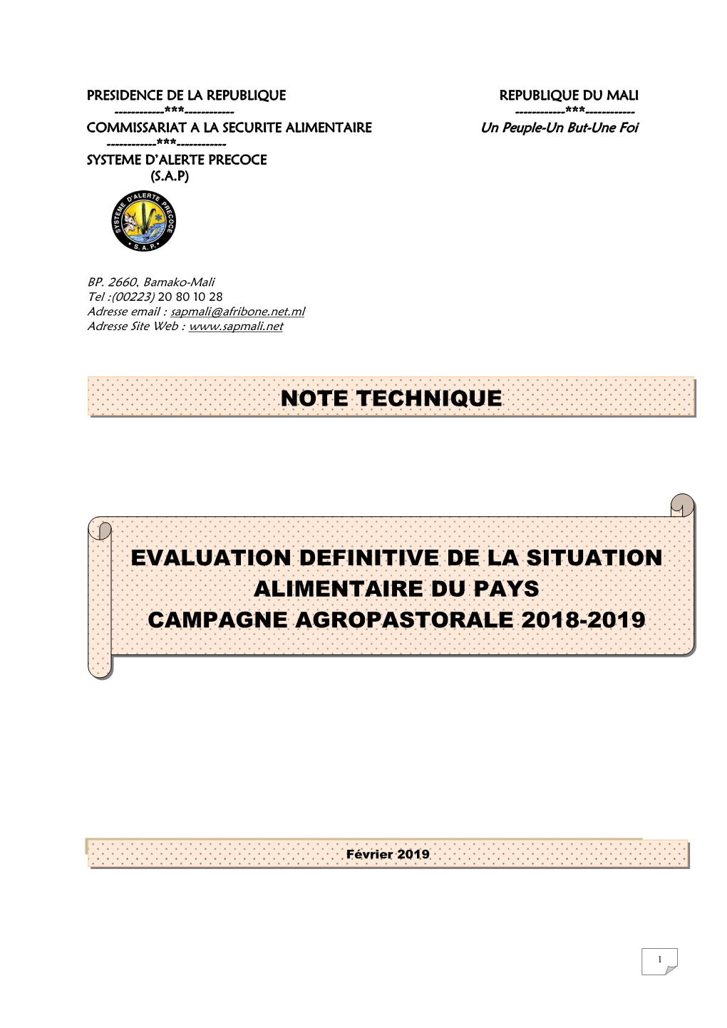 Evaluation Definitive De La Situation Alimentaire Du Pays Campagne Agropastorale 2018-2019
