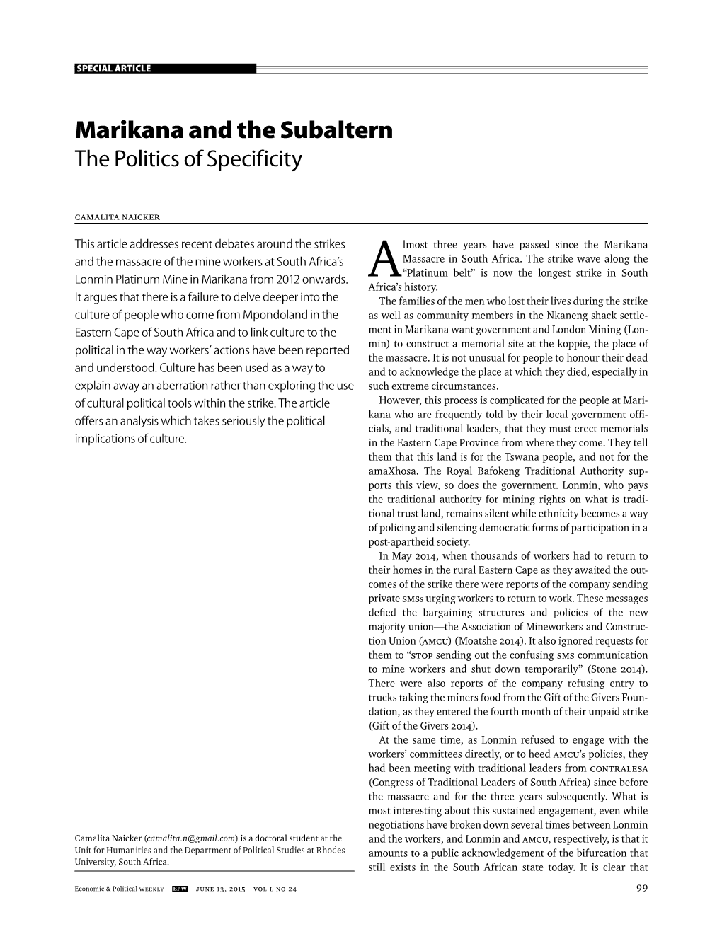 Marikana and the Subaltern the Politics of Specificity