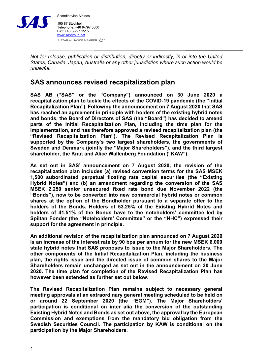 SAS Announces Revised Recapitalization Plan